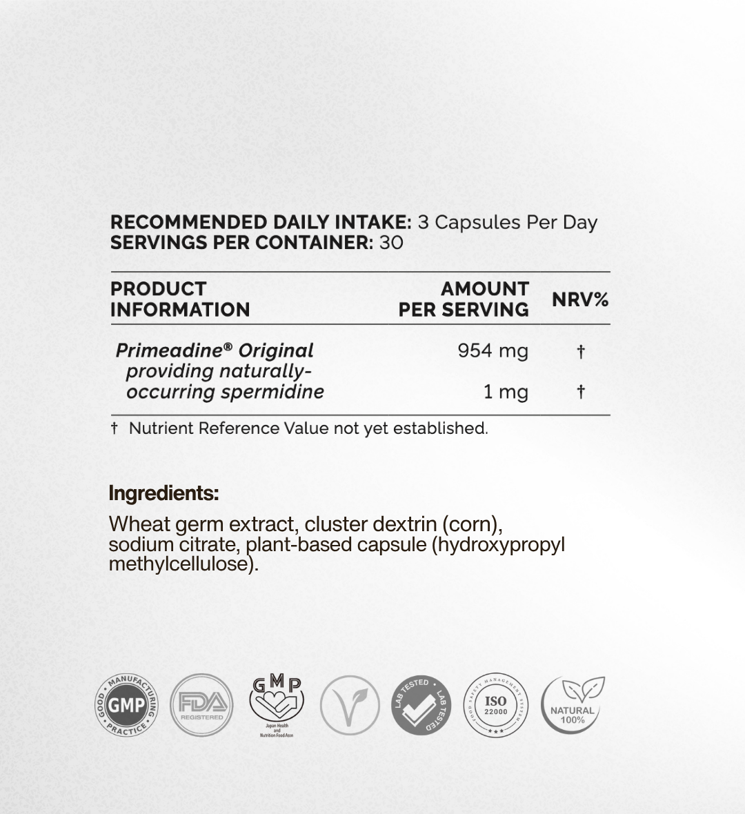 Primeadine® Original Whole-Food Spermidine Supplement - 1 Bottle / 30 Day Supply