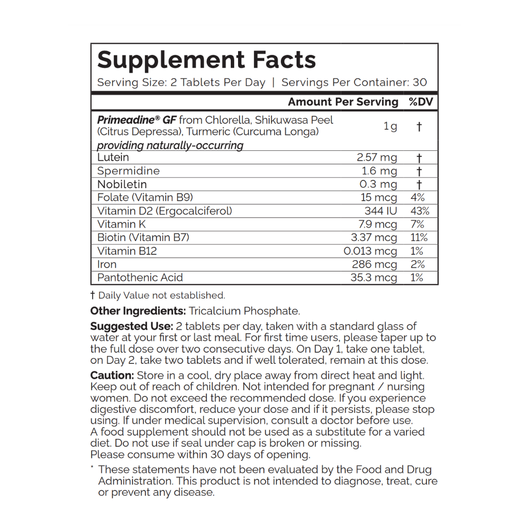 Primeadine® GF Gluten-Free Whole-Food Spermidine Supplement - 1 Bottle / 30 Day Supply