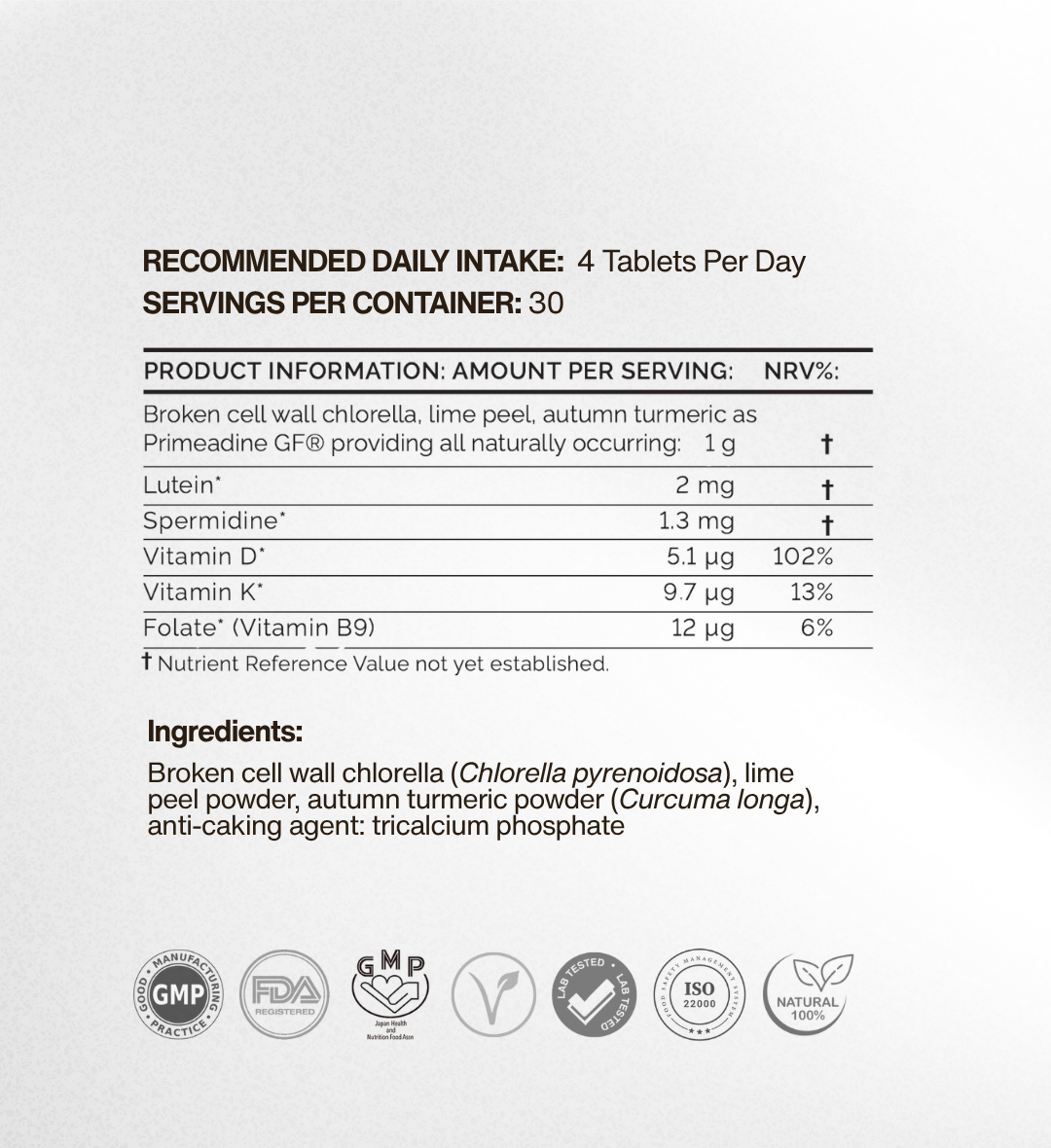 Primeadine® GF Gluten-Free Whole-Food Spermidine Supplement - 1 Bottle / 1 Month Supply