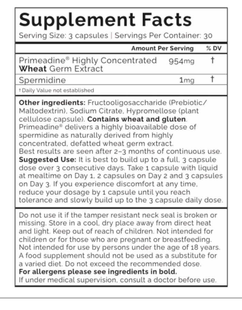 Primeadine® Original Spermidine Supplement - 1 Bottle / 30 Day Supply Supplement Label