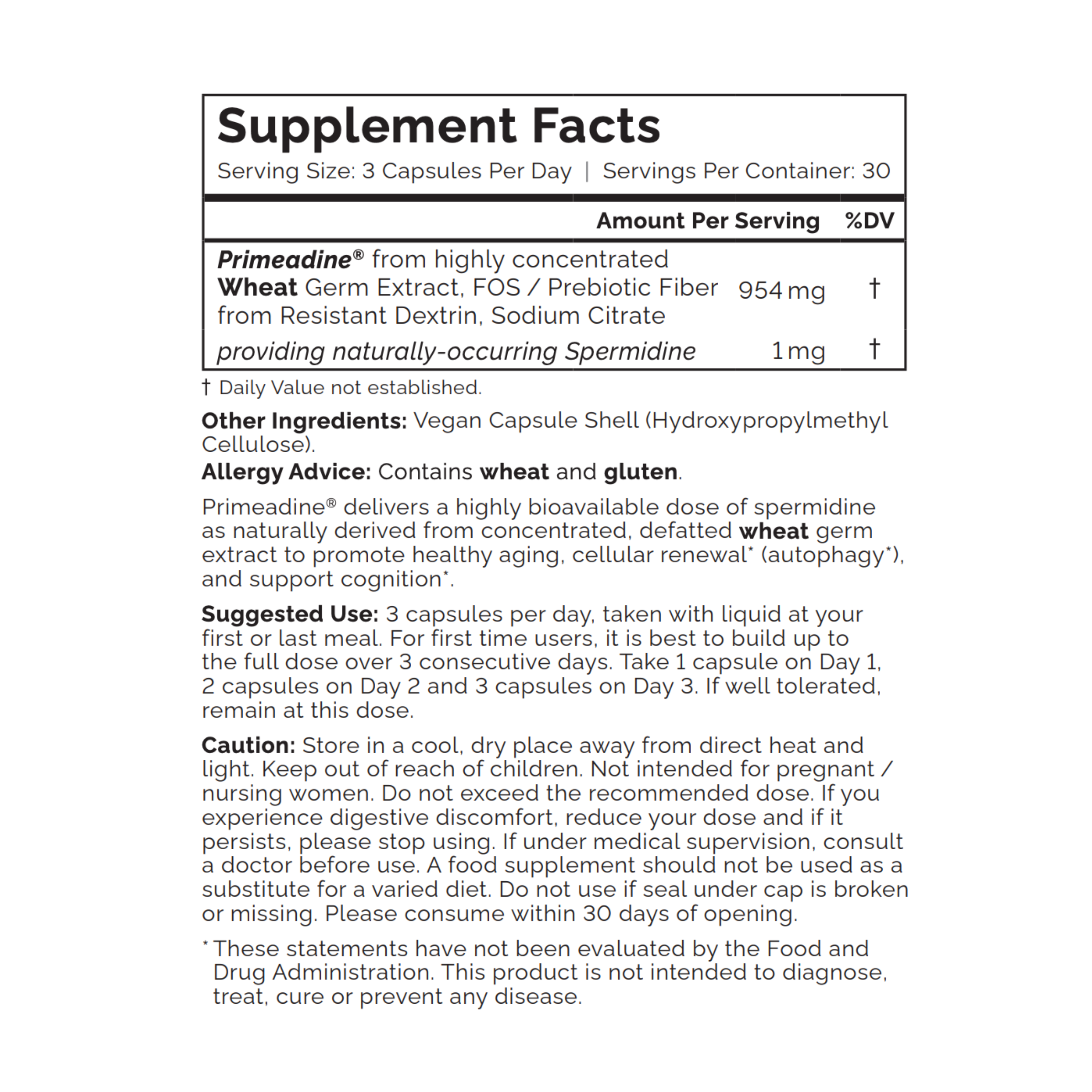 Primeadine® Original Spermidine Supplement - 1 Bottle / 30 Day Supply