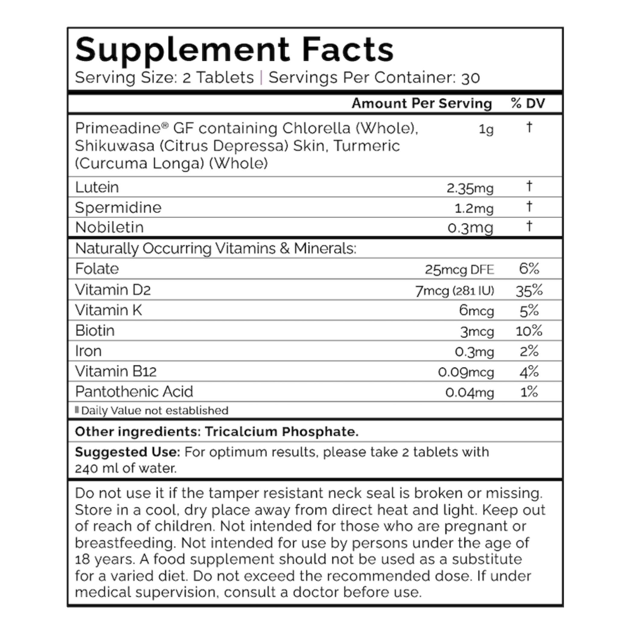 Primeadine® GF Gluten-Free Spermidine Supplement - 6-Bottle Bundle / 180 Day Supply Supplement Label