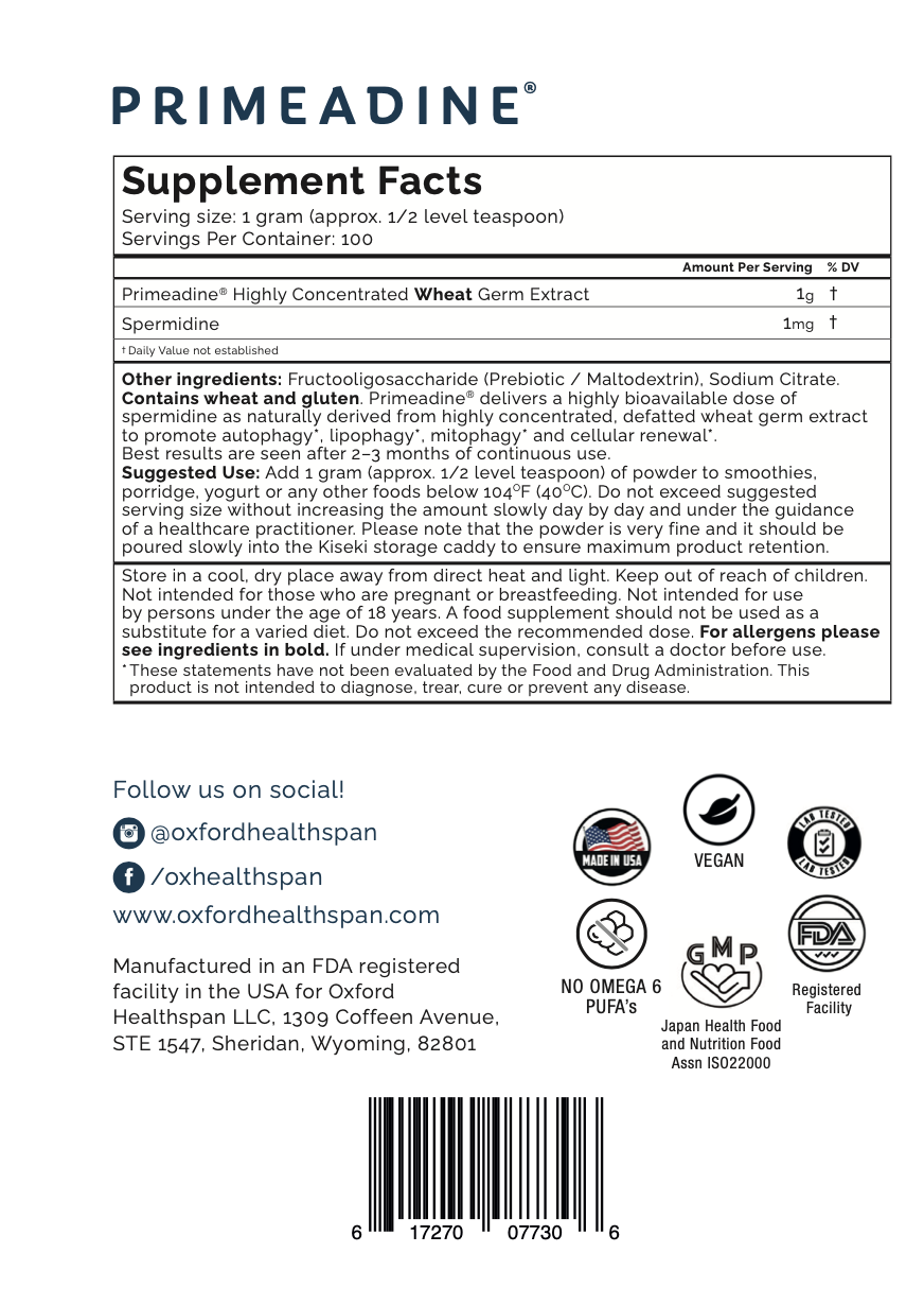 Primeadine® Original Spermidine Powder - 3-Month Supply